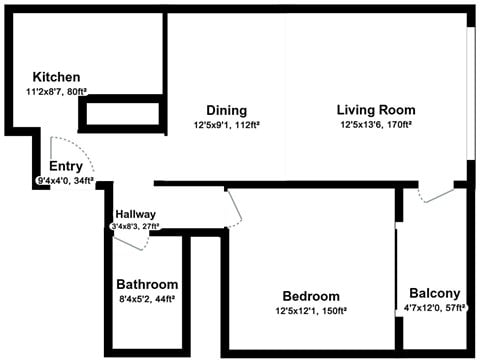 Floor plan for 1 bed, 1 bath, 684 sqft
